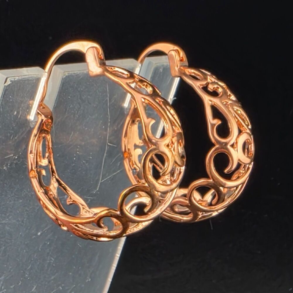 JTV/BBJ Rose Gold Plated Filigree Hoop Earrings 1 1/8"